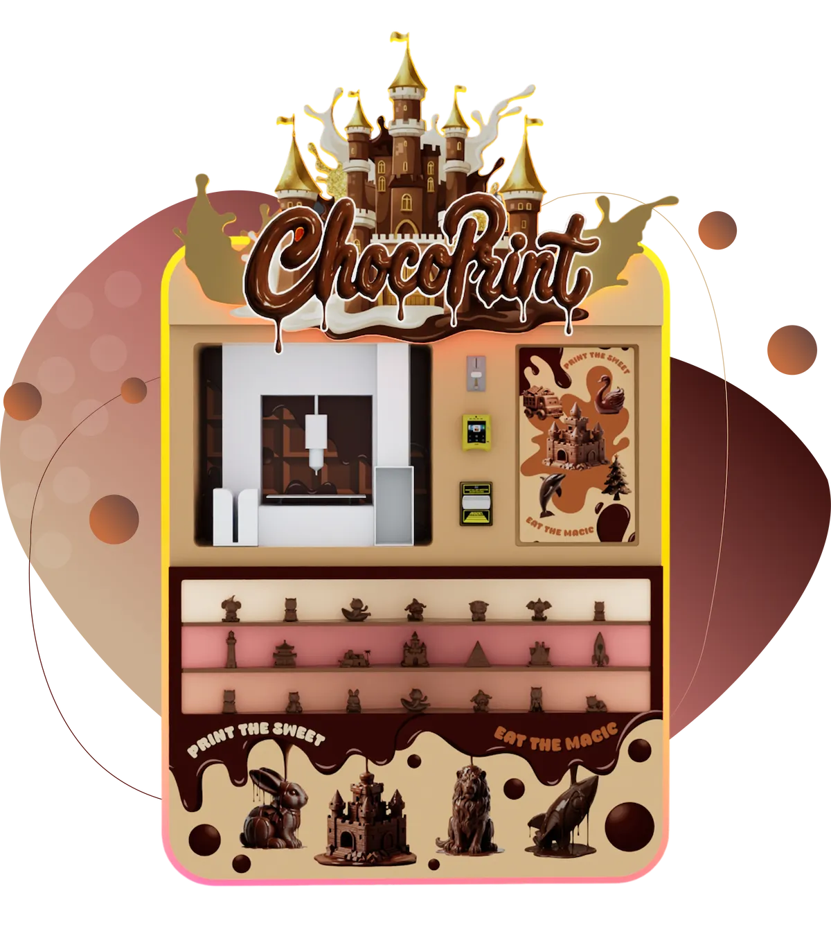 ChocoPrint machine in a business environment with chocolate sculptures on display